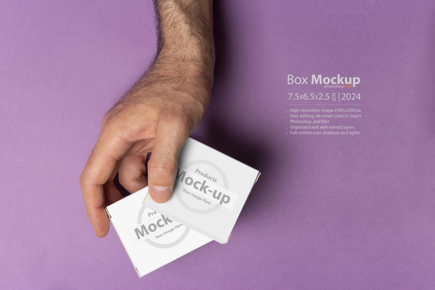 Male hand two pills boxes  in front of purple background mock-up series psd