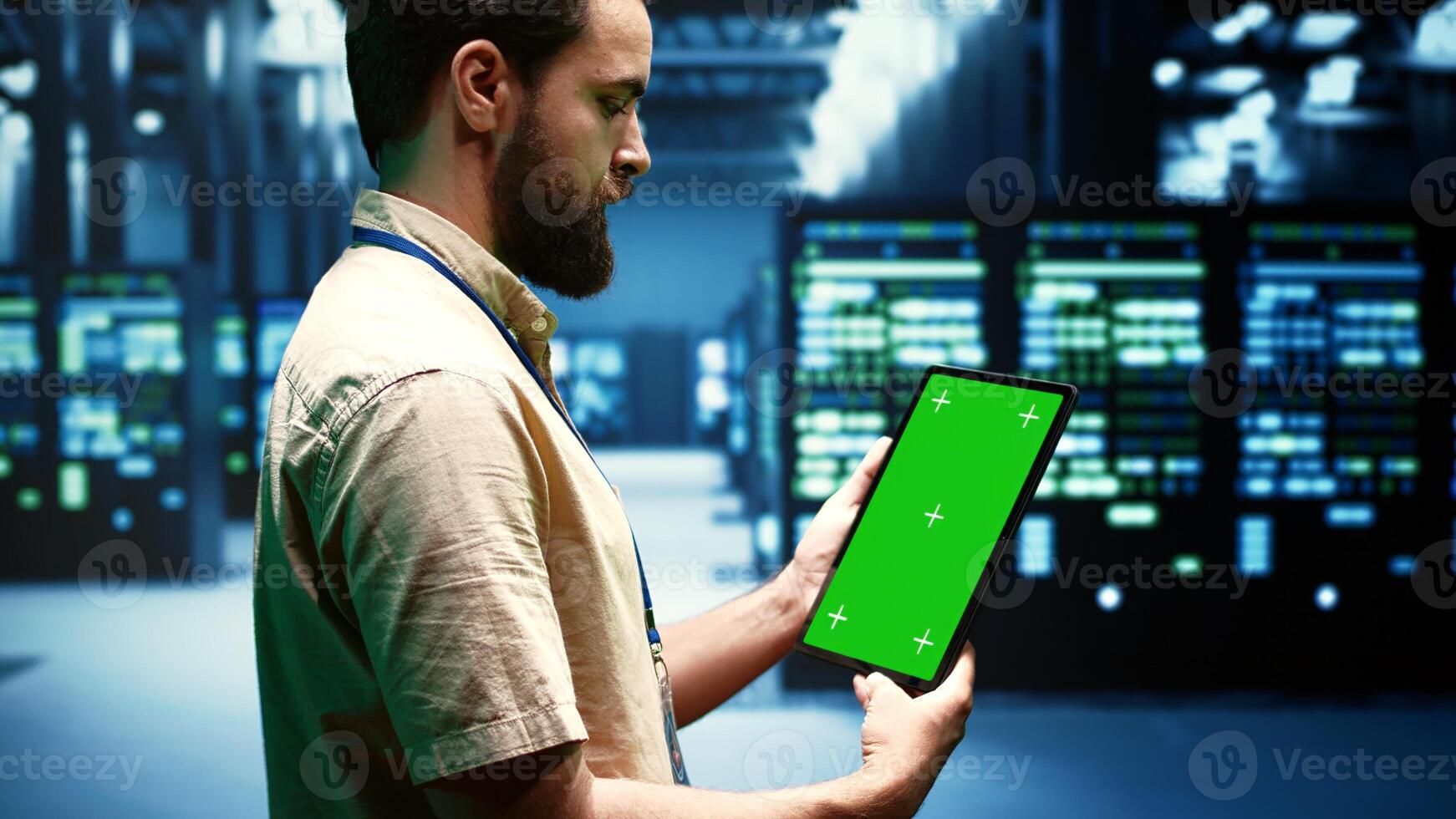 Professional using mock up tablet to check data center configuration settings. Serviceman checking event logs in monitoring software to find busted server farm gadgets root cause photo