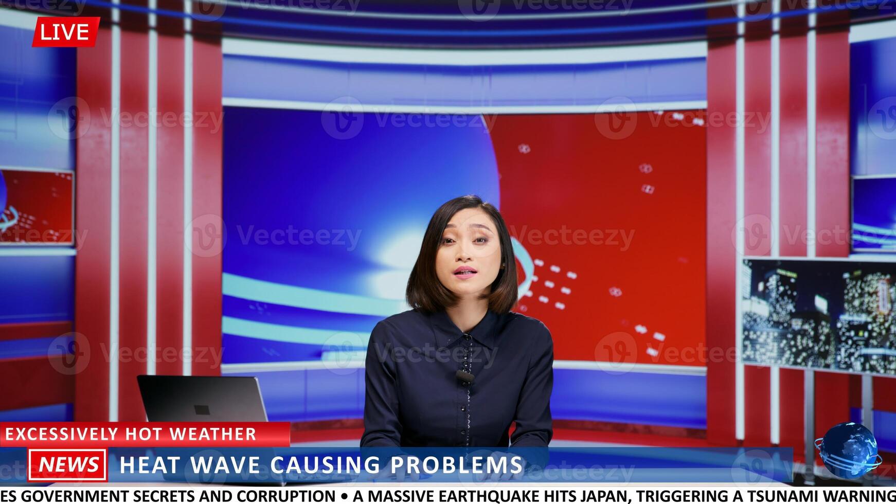 Asian presenter discuss about heat wave dangers and weather issues worldwide, presenting news on television. Journalist addressing concerns for hot summer temperatures, tv content. photo