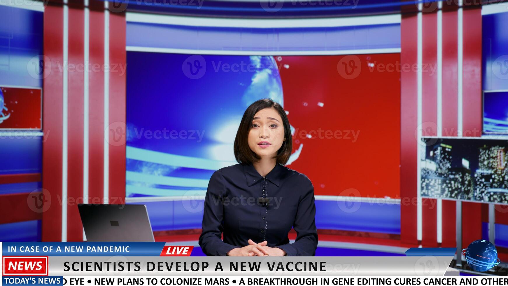 Reporter presents news about healthcare, introducing new vaccine formula alternative to help global population. Woman working as newscaster addressing latest world updates live. photo