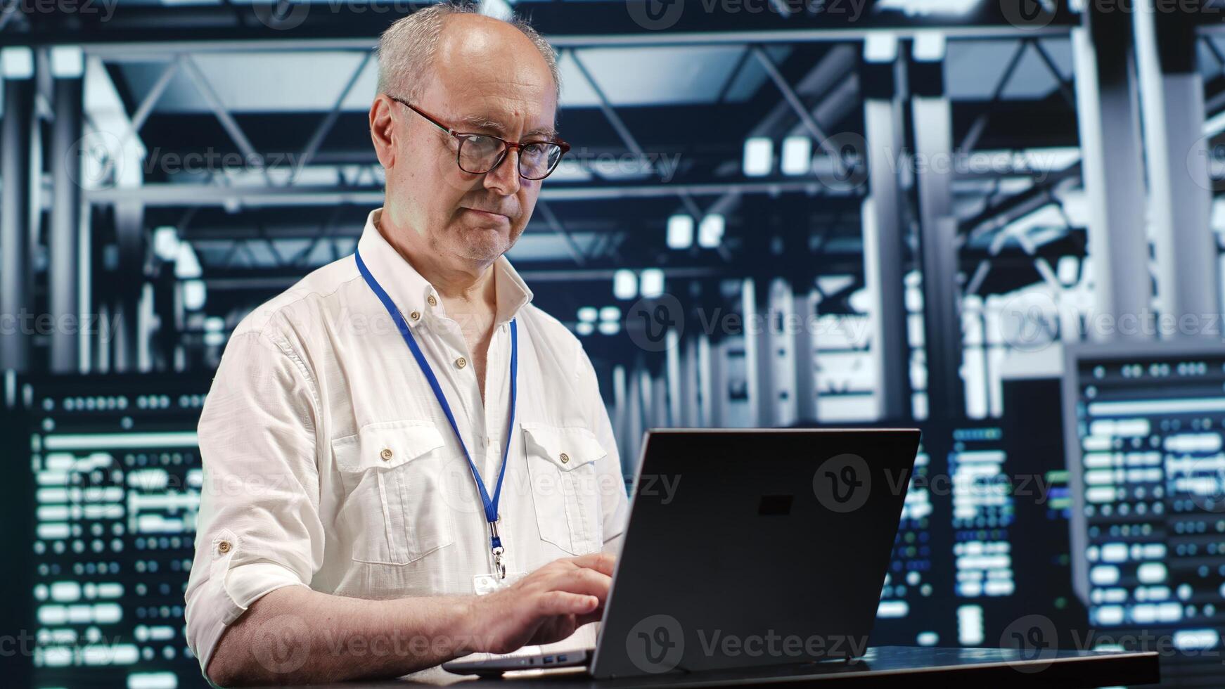 Qualified IT developer expertly managing data while navigating in industrial server room. Seasoned programmer ensuring optimal cybersecurity protection, optimizing systems photo