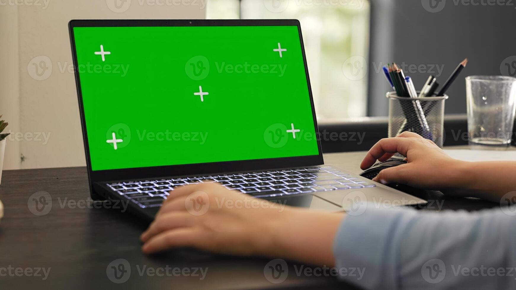 Woman analyst works on laptop with greenscreen isolated display, checking pc with blank mockup template. Young person working on business tasks using chromakey copyspace screen. photo