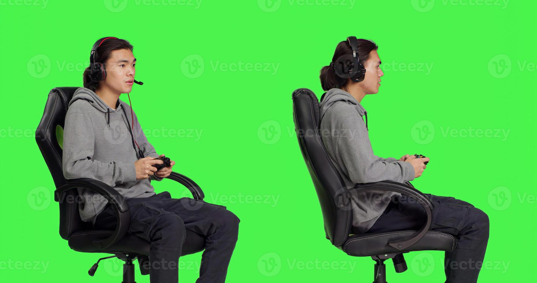 Gamer having fun with rpg challenge over greenscreen background, playing videogames with controller. Young asian guy enjoying online gaming, video game player with coordination skill. photo
