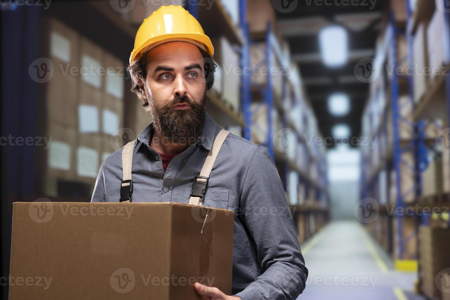 Supply chain manager organizing merchandise pallets in depot, sorting all products and stock regarding delivery time or receipts. Warehouse worker dealing with distribution and shipment. photo