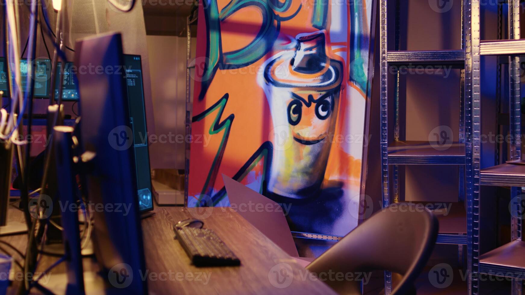 Zoom of shot of abandoned basement with graffiti drawings on walls and advanced technology computers left open running code. Underground hideout painted in grungy style used by hackers photo