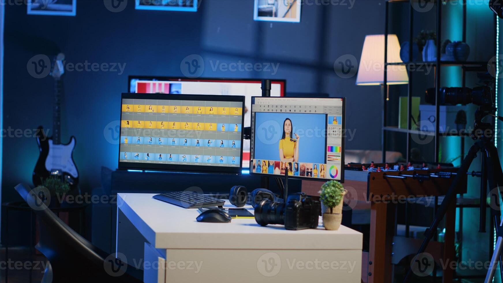 Photo editing software on computer screen in empty studio used for manipulating and enhancing digital images to improve quality. Photography organizing program displayed on PC monitors in media agency