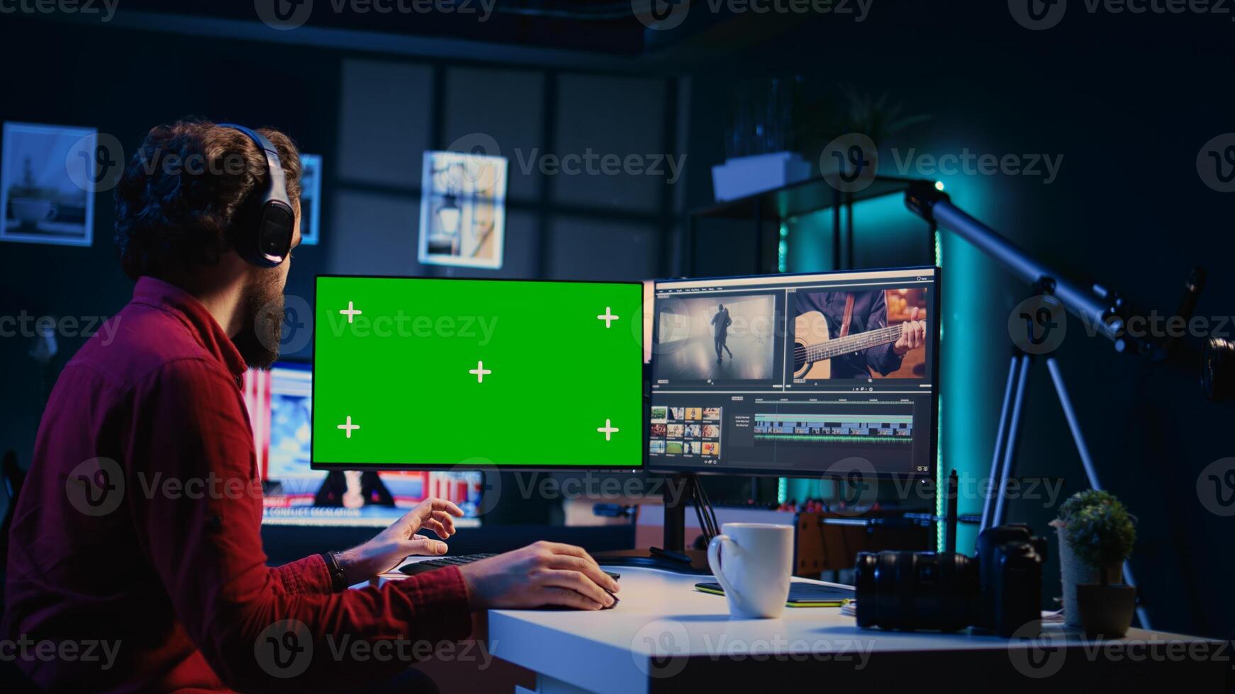 Freelancer works on isolated screen desktop computer on digital portfolio showcasing edited images. Photo editor selecting best photographs using retouching application on chroma key display