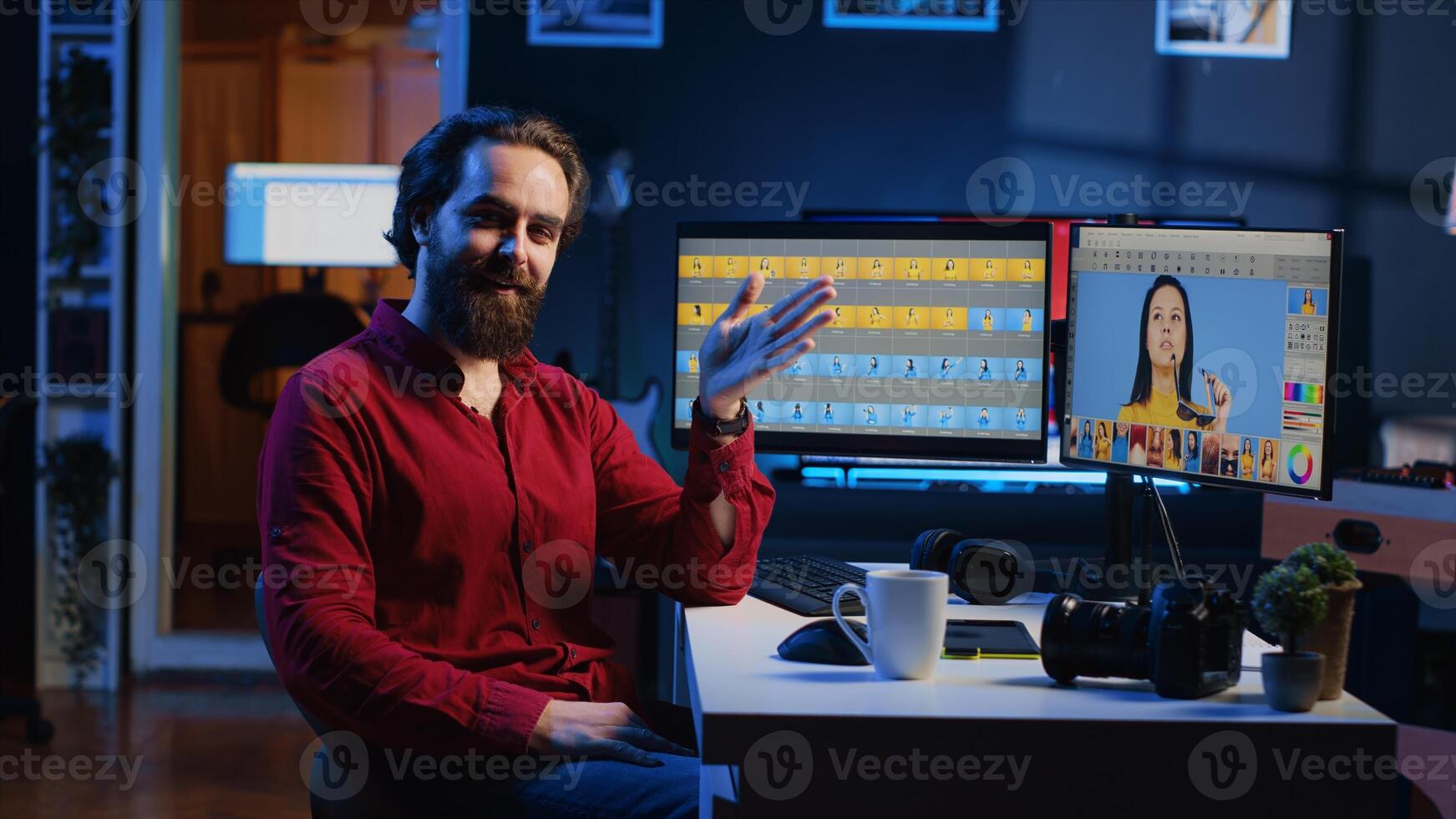 Photographer filming content for online streaming platform, discussing about software used to perform image editing. Photo editor recording video offering tips on making photographs adjustments