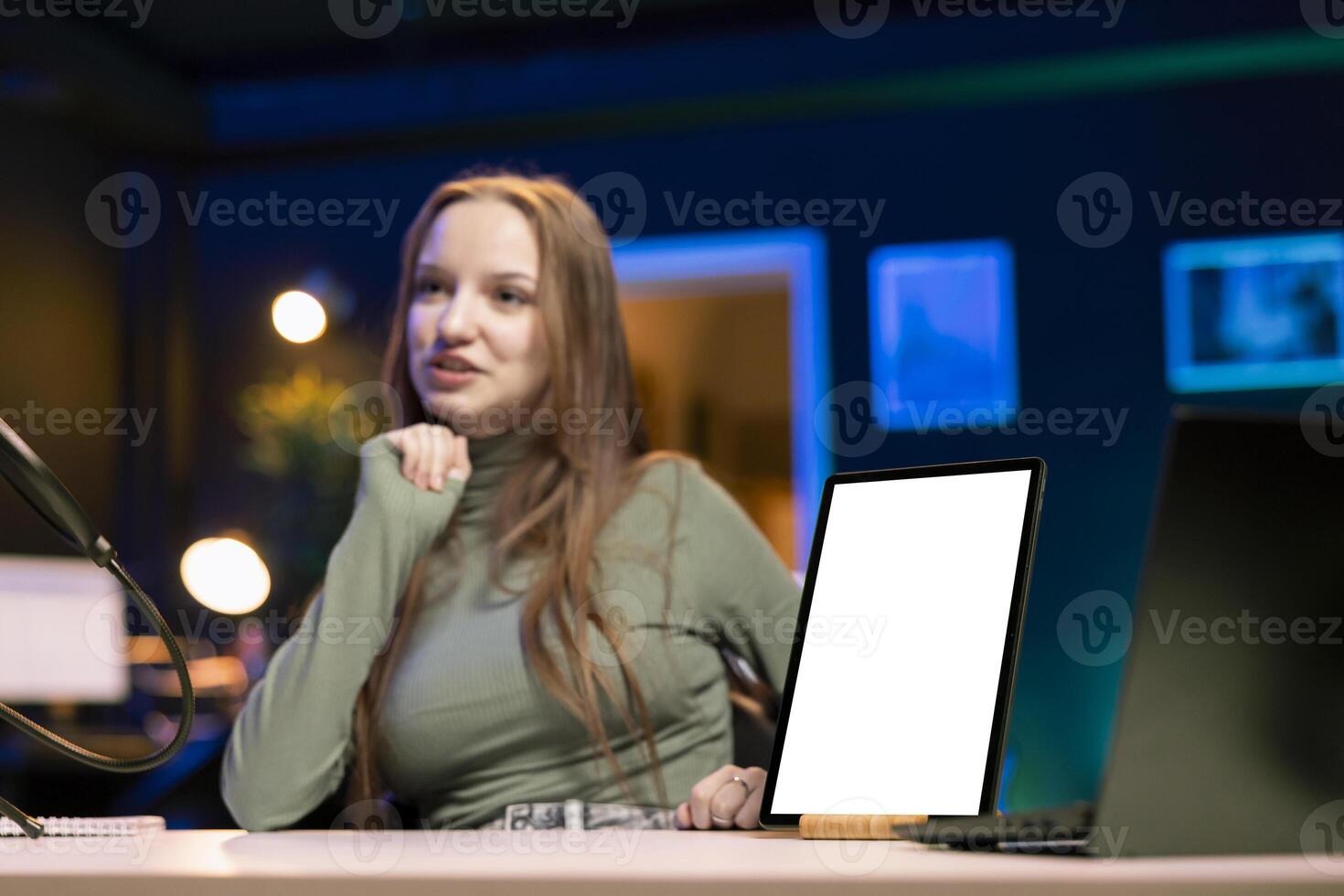 Tech guru excited to review newly released mockup tablet, comparing features with older models. Influencer filming video for social media, analyzing latest generation of isolated screen digital device photo