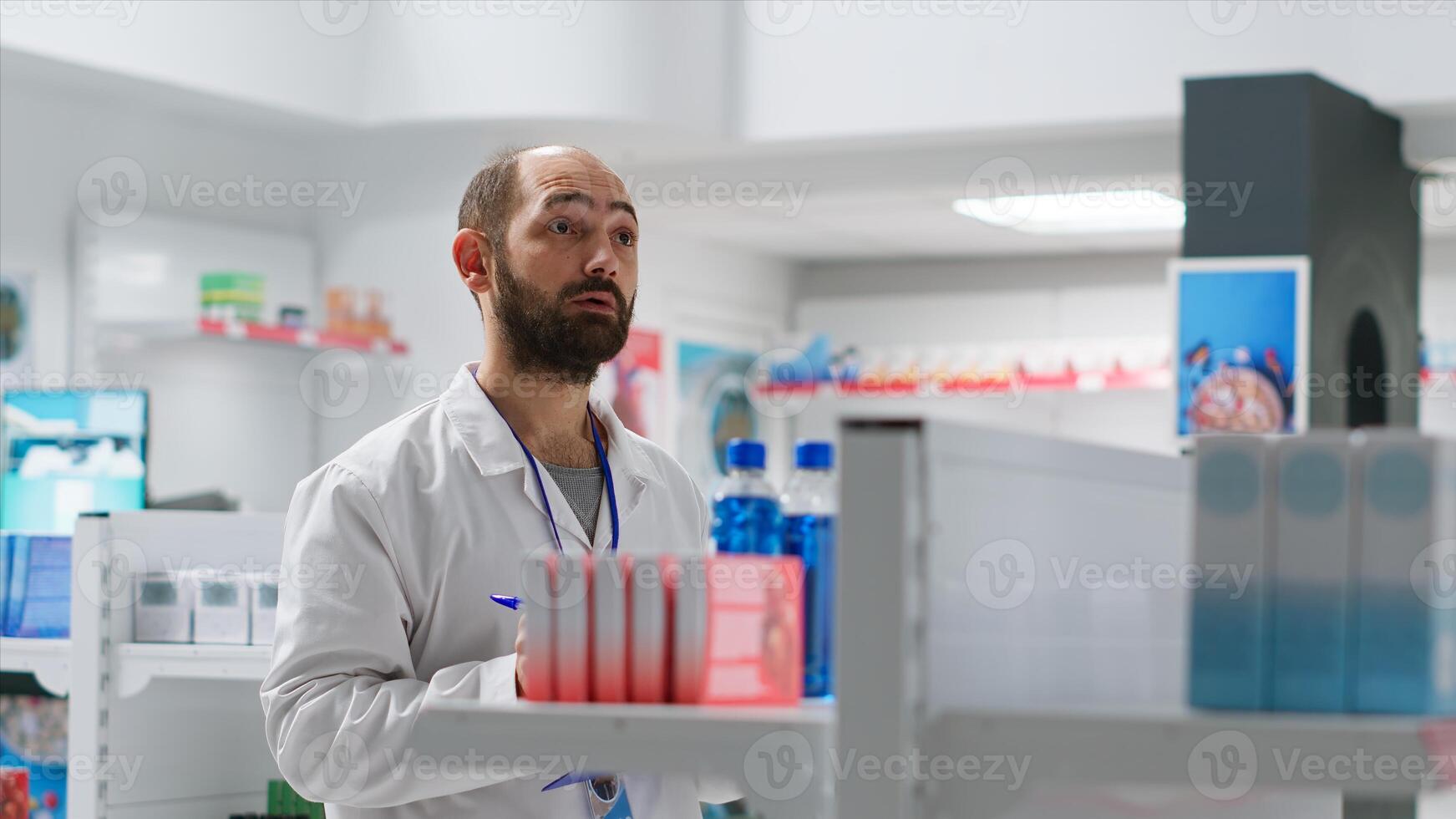 Pharmacist doing inventory using hologram projection, counting boxes of medicaments and supplements. Drugstore employee working on procuring medical supplies, artificial intelligence. Camera 2. photo