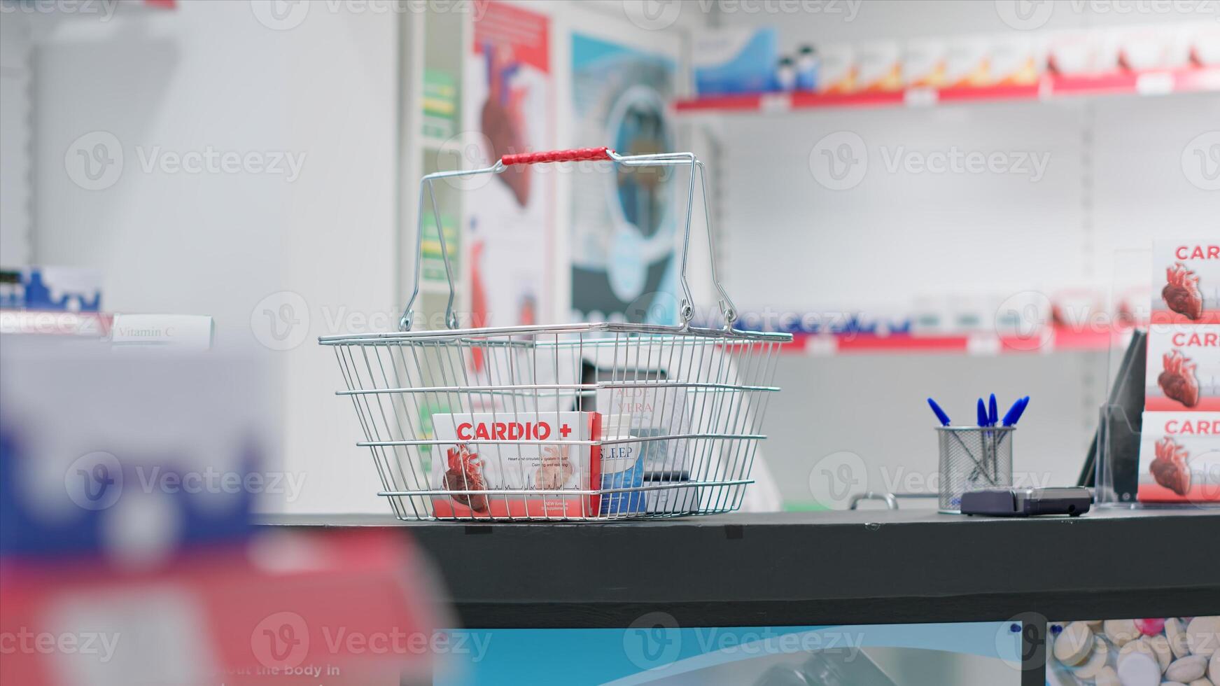 Empty pharmacy checkout counter with boxes of medicine, selling modern pills or pharmaceutical drugs on shelves in drugstore clinic. Medical supplies are for sale along with other treatments. photo