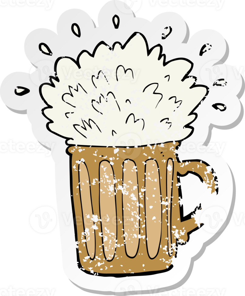 retro distressed sticker of a cartoon frothy beer png