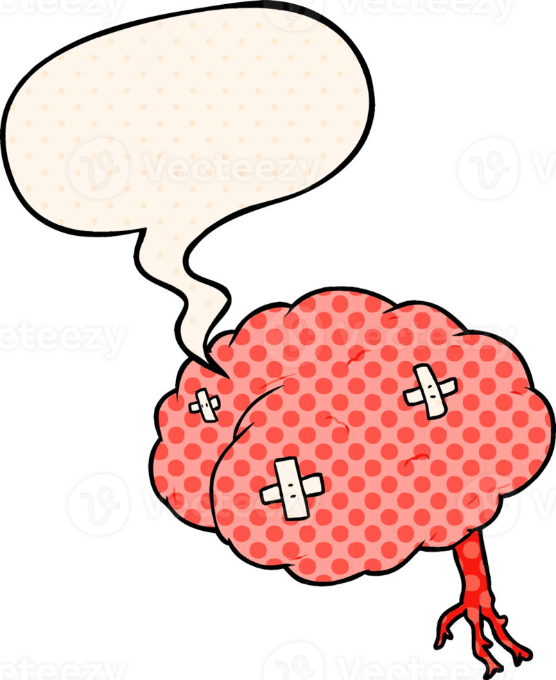 cartoon injured brain with speech bubble in comic book style png