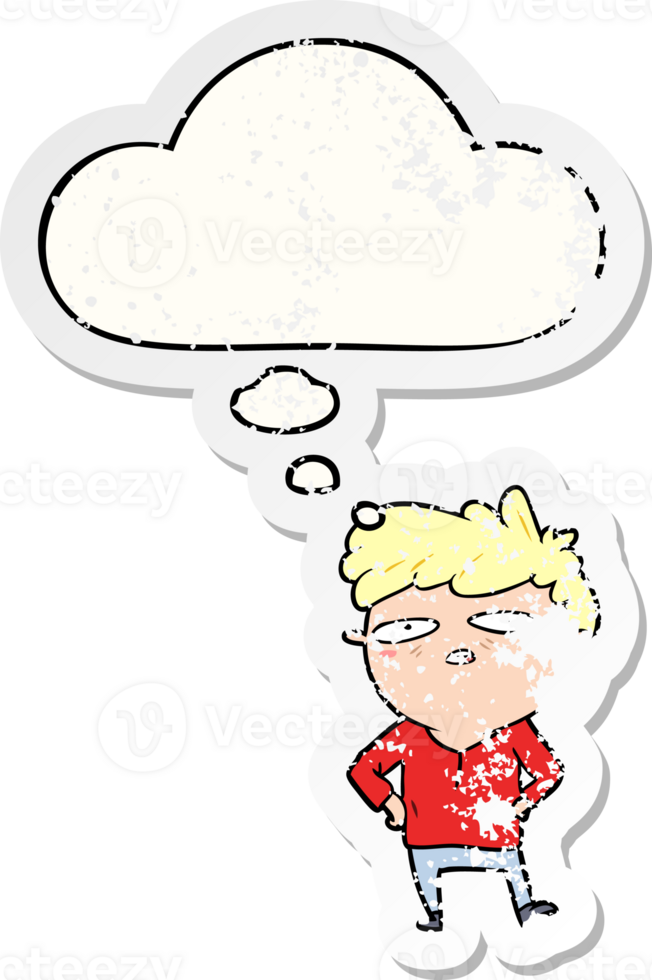 cartoon impatient man with thought bubble as a distressed worn sticker png