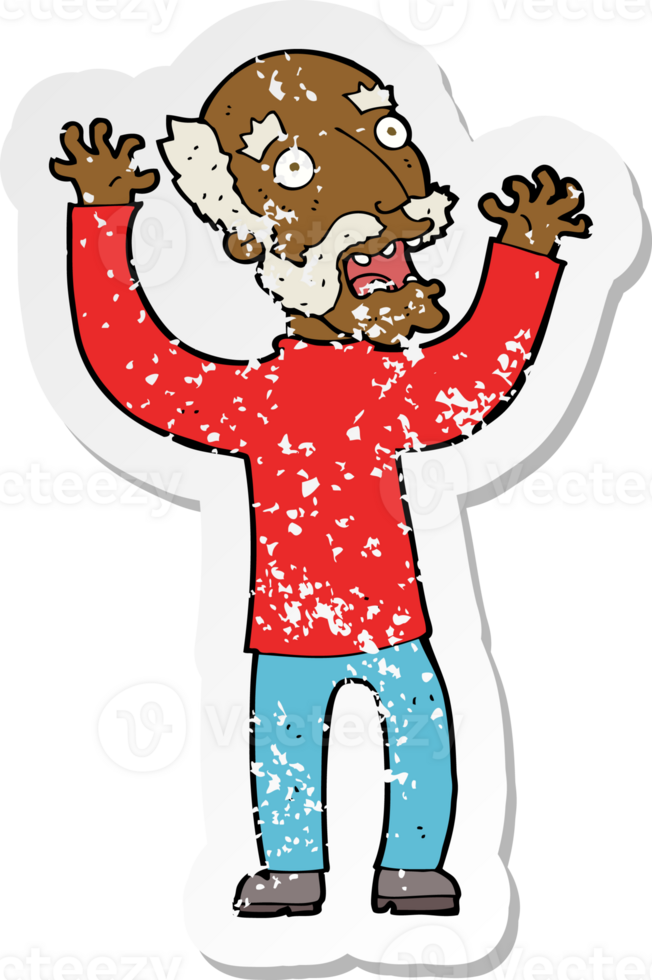 retro distressed sticker of a cartoon terrified old man png