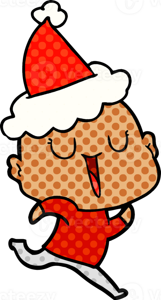 happy hand drawn comic book style illustration of a bald man wearing santa hat png