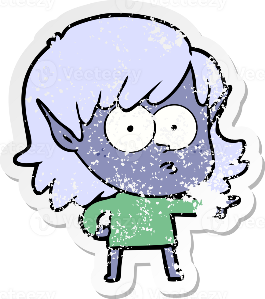 distressed sticker of a cartoon elf girl pointing png