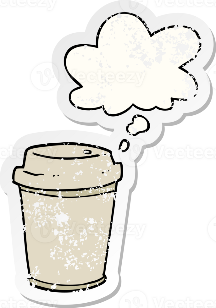 cartoon takeout coffee cup with thought bubble as a distressed worn sticker png
