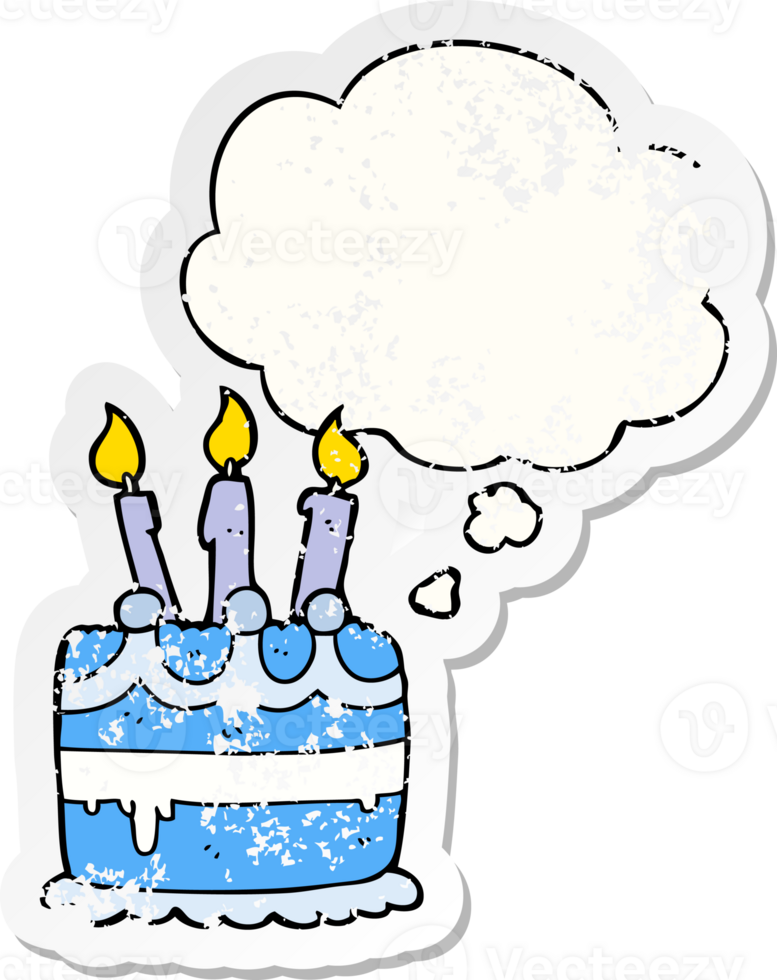 cartoon birthday cake with thought bubble as a distressed worn sticker png