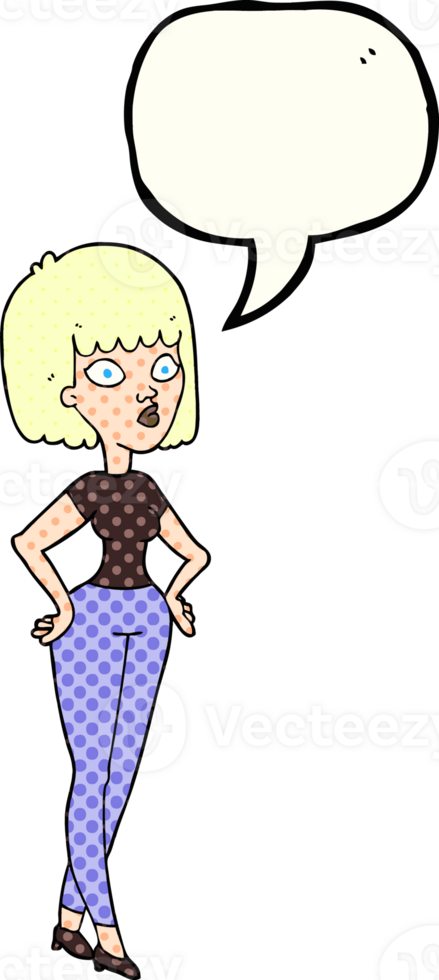 disegnato comico libro discorso bolla cartone animato donna con mani su fianchi png