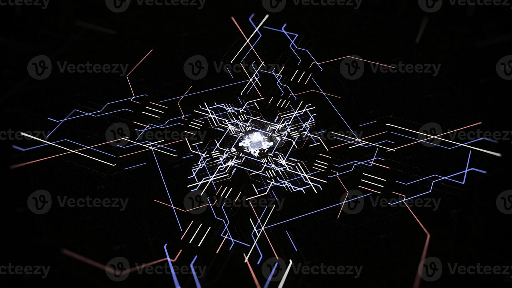 Pulsing neon pattern of lines on black background. Animation. Computer animation of motherboard pattern with neon lines. Beautiful neon lines create pulsating computer pattern photo