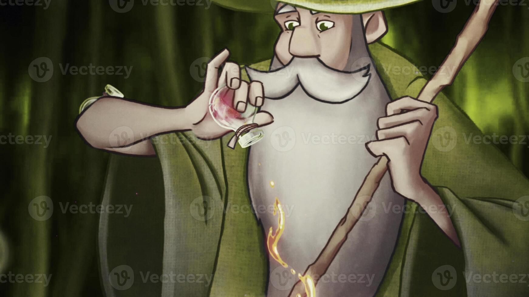 Beautiful animation of cartoon wizard preparing a potion in a cauldron and bright beam of light rushing up. Stock footage. Cute colorful cartoon photo