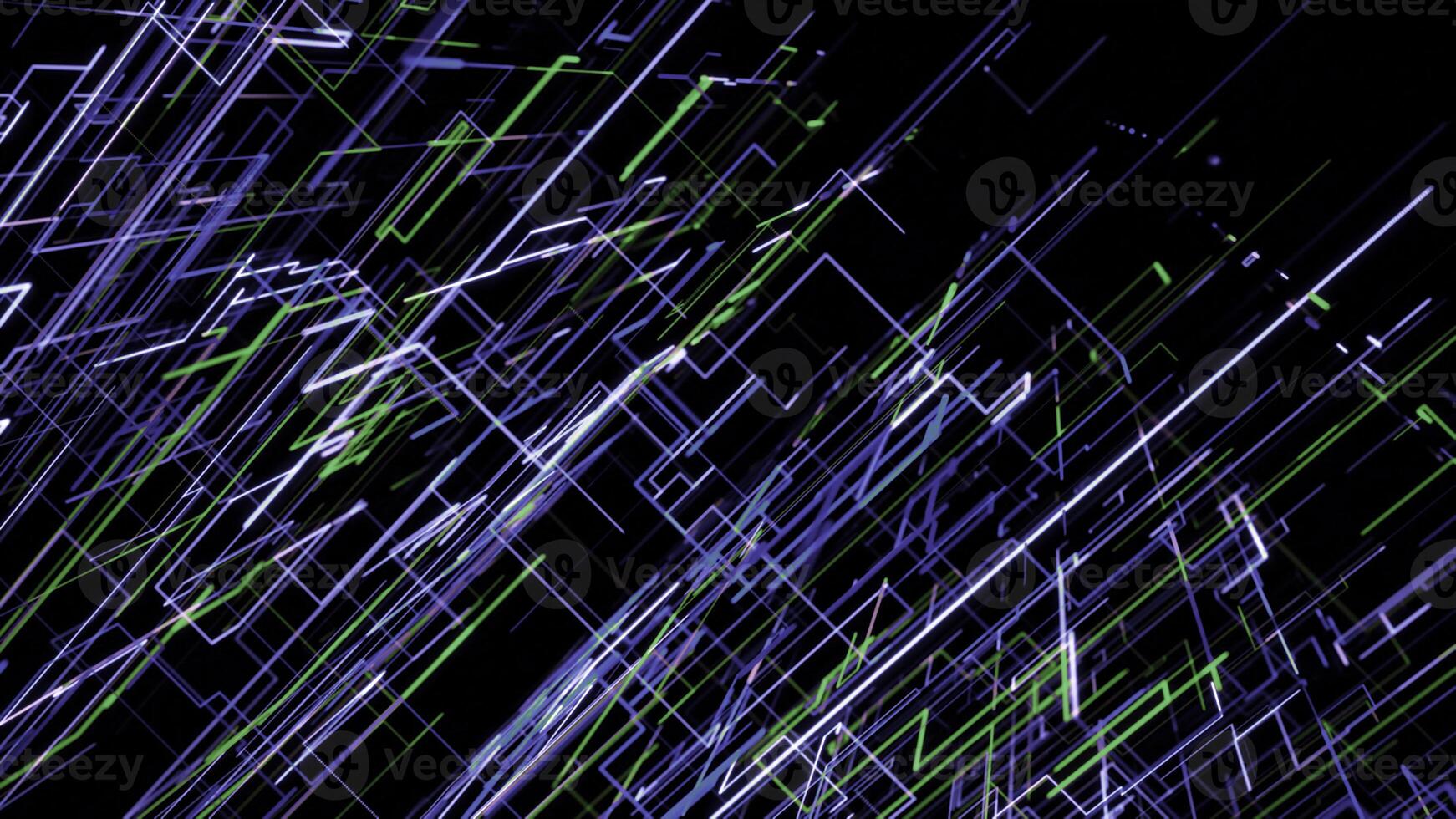 3D geometric drawing on black backgroun. Animation. Movement of neon lines in digital space creating geometric drawing photo