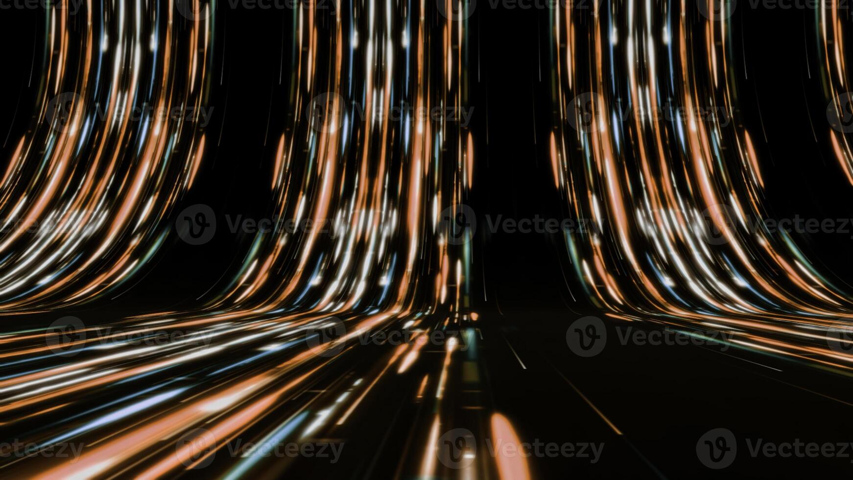 Curved paths with neon lines in stream. Animation. High-speed neon tracks in cyberspace. Bright neon slides with fast-moving lines on black background photo