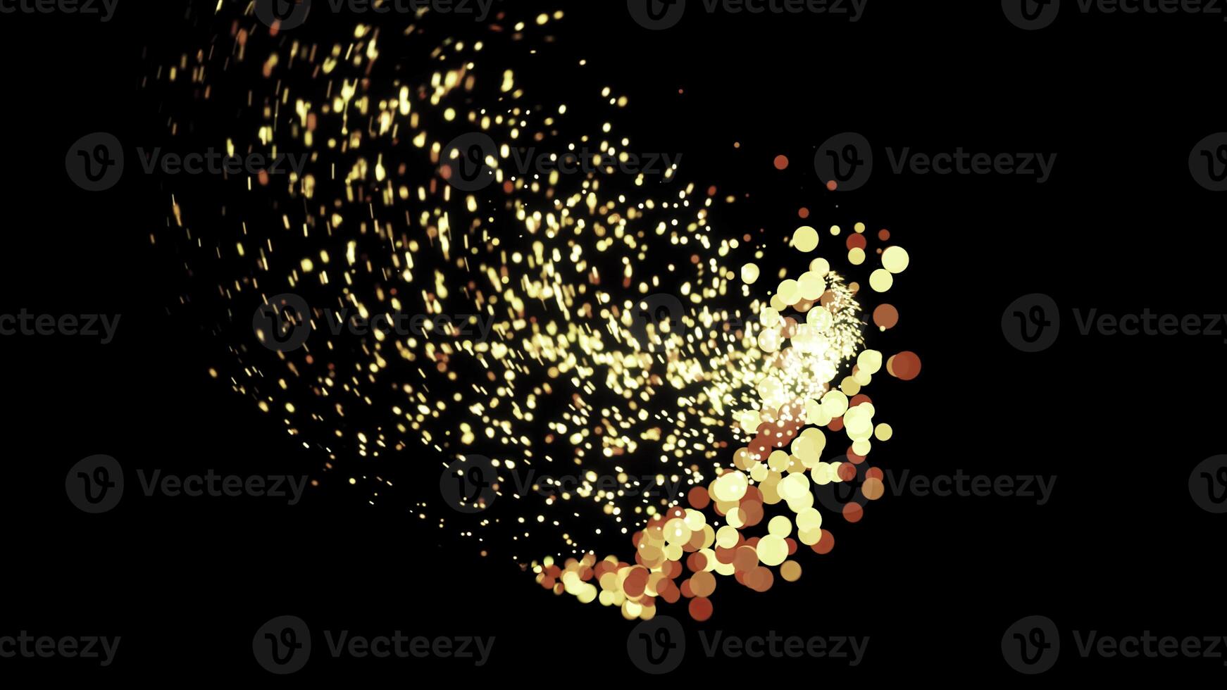 Abstract beautiful comet moving fast in a circle with a tail of many colorful circles surrounded by the cloud of small particles on black background, seamless loop. Animation. Circles and space dust. photo