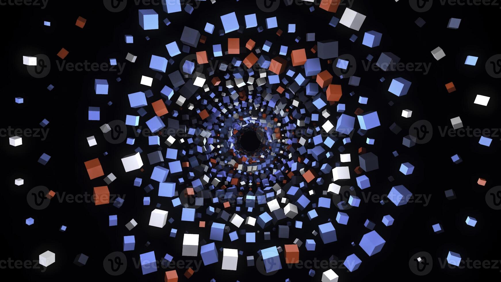 Tunnel of 3D colored squares on black background. Animation. Beautiful hypnotic tunnel of colorful cubes. Distance from spiral of many bright cubes photo