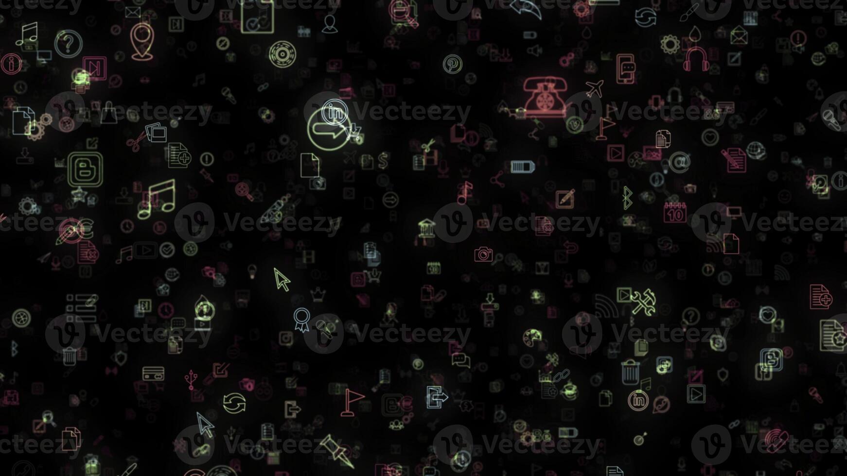 resumen animación de multicolor neón social medios de comunicación red emojis íconos apareciendo en el negro antecedentes. animación de sin costura bucle. foto