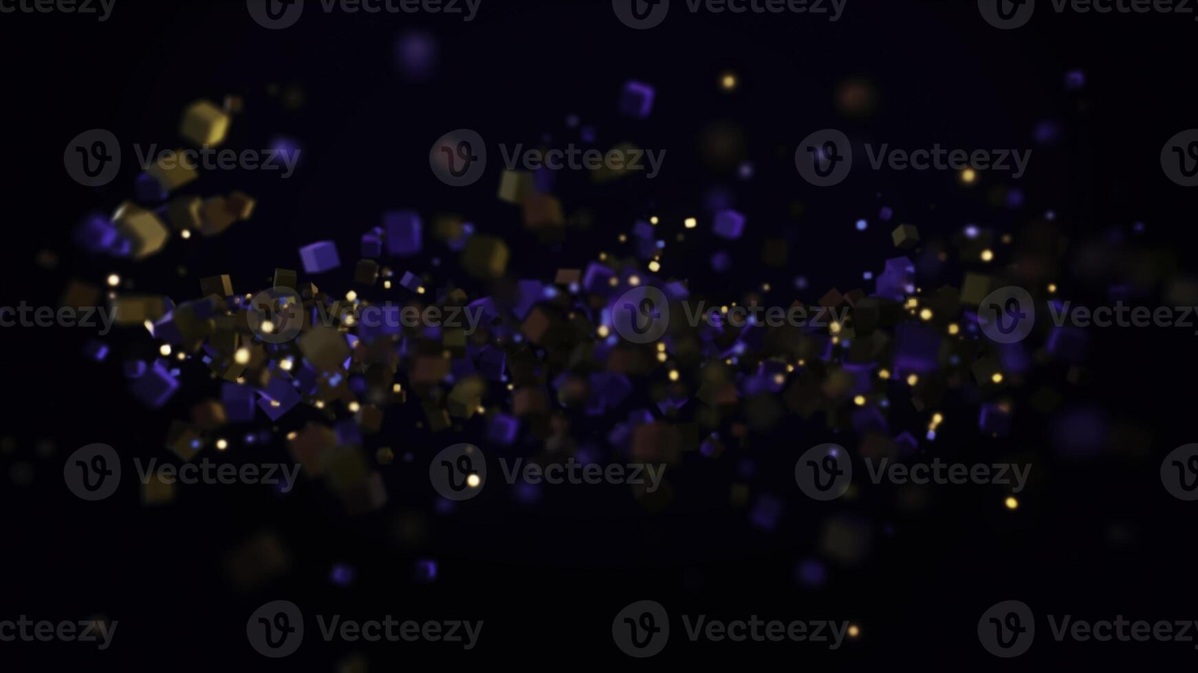 Abstract particle background, a lot of small details and elements flying into one line. Animation. Moving colorful squares forming one stripe isolated on black background. photo