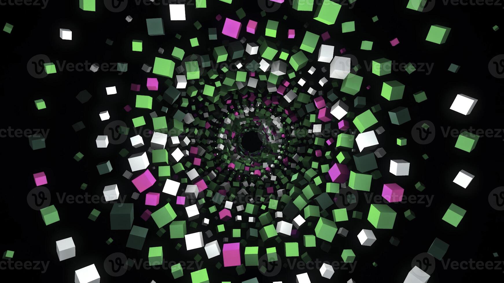 Tunnel of 3D colored squares on black background. Animation. Beautiful hypnotic tunnel of colorful cubes. Distance from spiral of many bright cubes photo