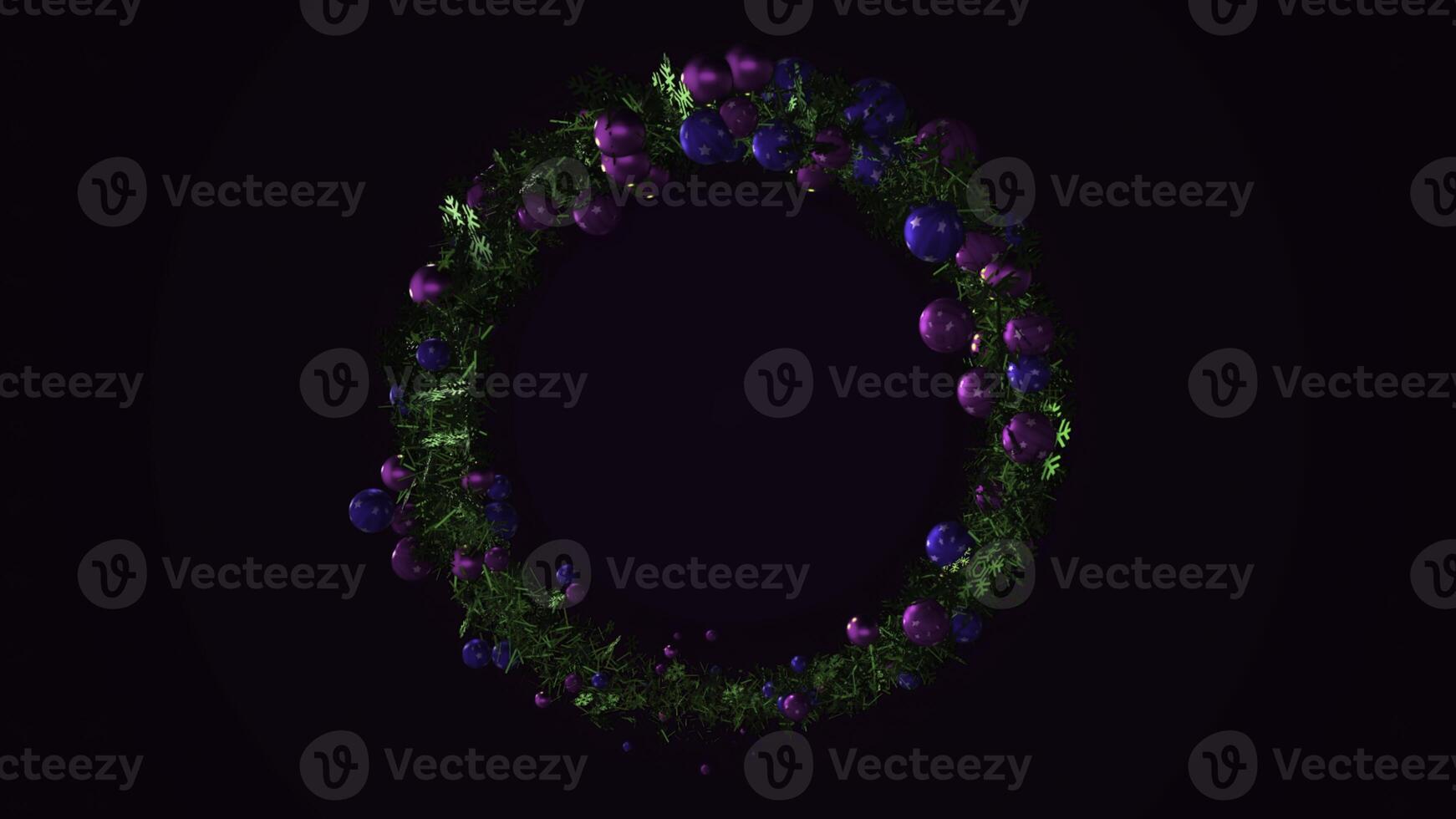 Abstract animation of the beautiful green Christmas wreath decorated by multicolored shiny balls of different sizes rotating on the dark background. Animation. Amazing Christmas animated background photo