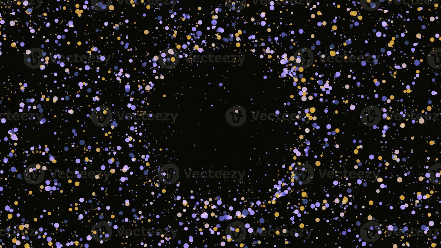 Colorful dots create circle on black background. Animation. Background of colored dots randomly moving creates circle in center on black backdrop. Festive coloring of points with center for insertion photo