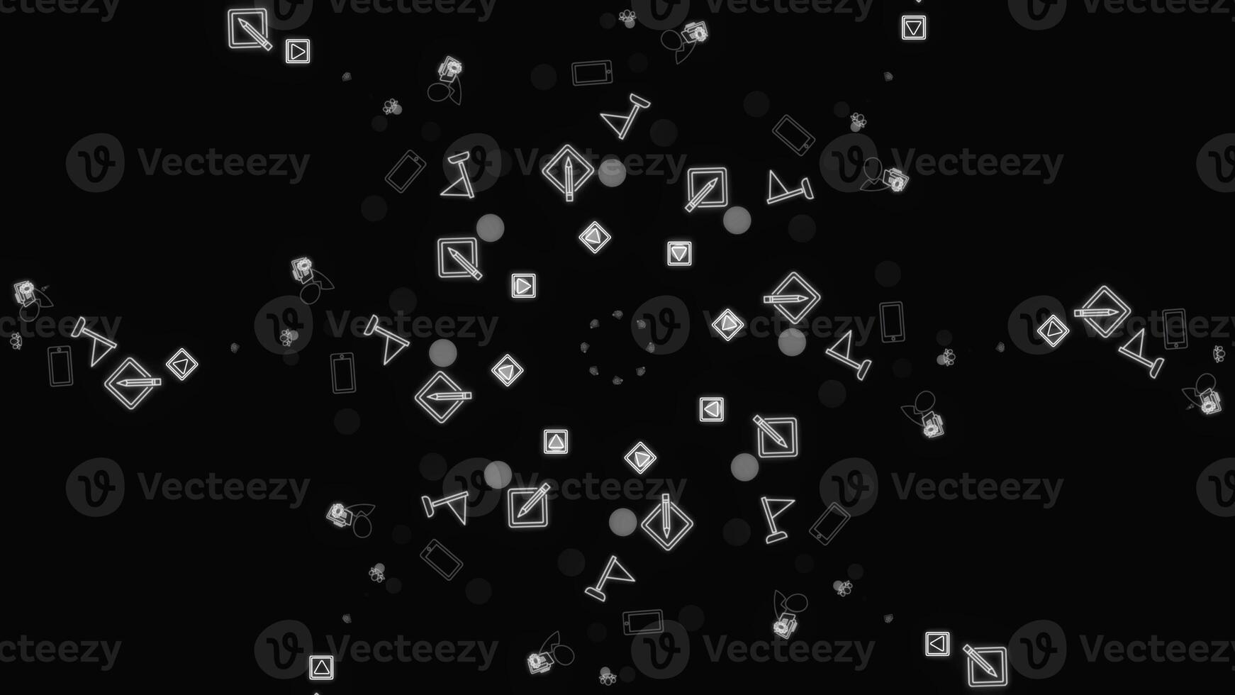 Monochrome animation of popular social network app icons rotating in spiral on the black background. Animation. Technology, social media and internet backdrop. photo