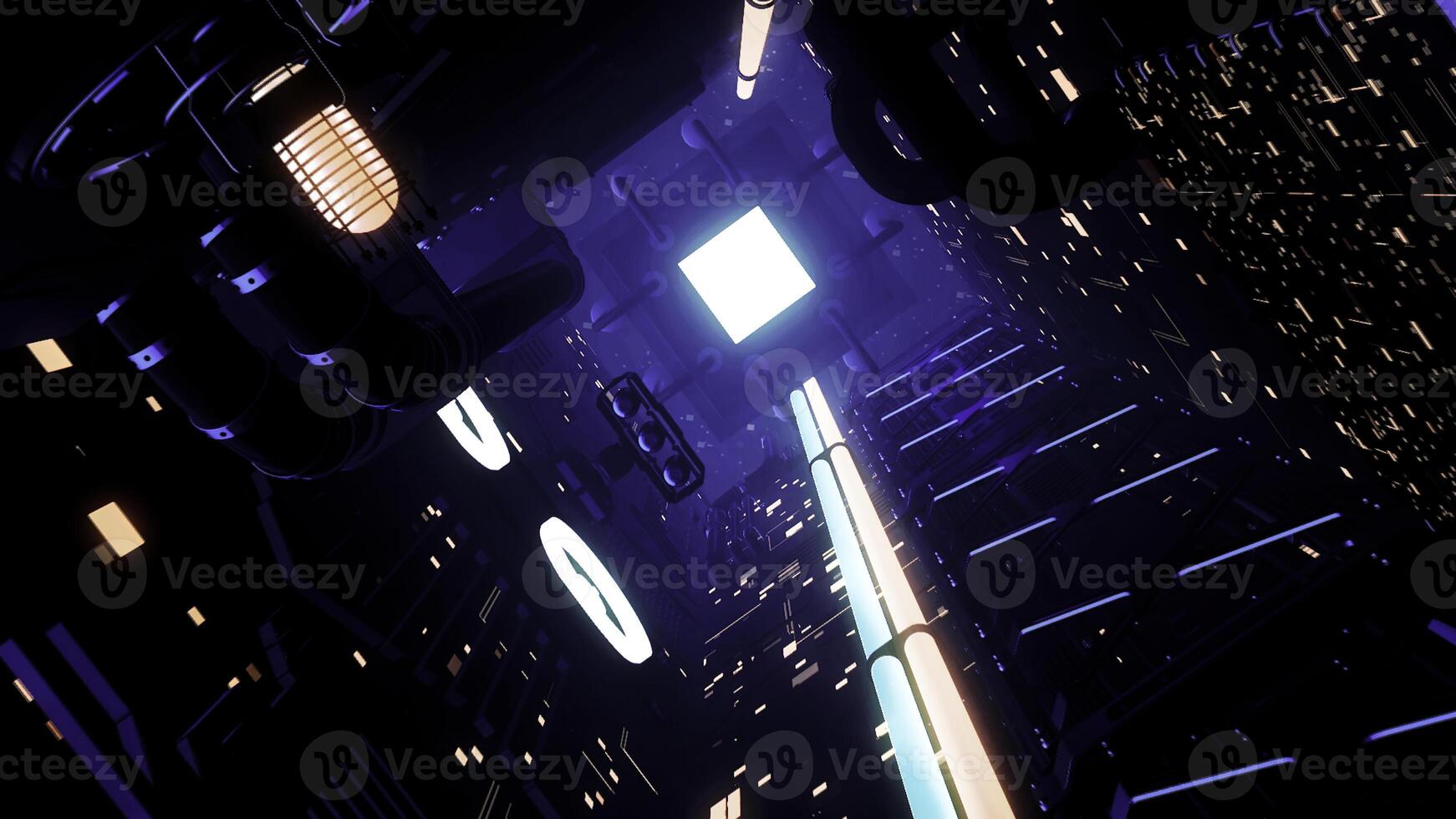 Alien futuristic spaceship interior with shimmering lights, seamless loop. Motion. Sci-Fi dark corridor with the light in the end of the tunnel. photo