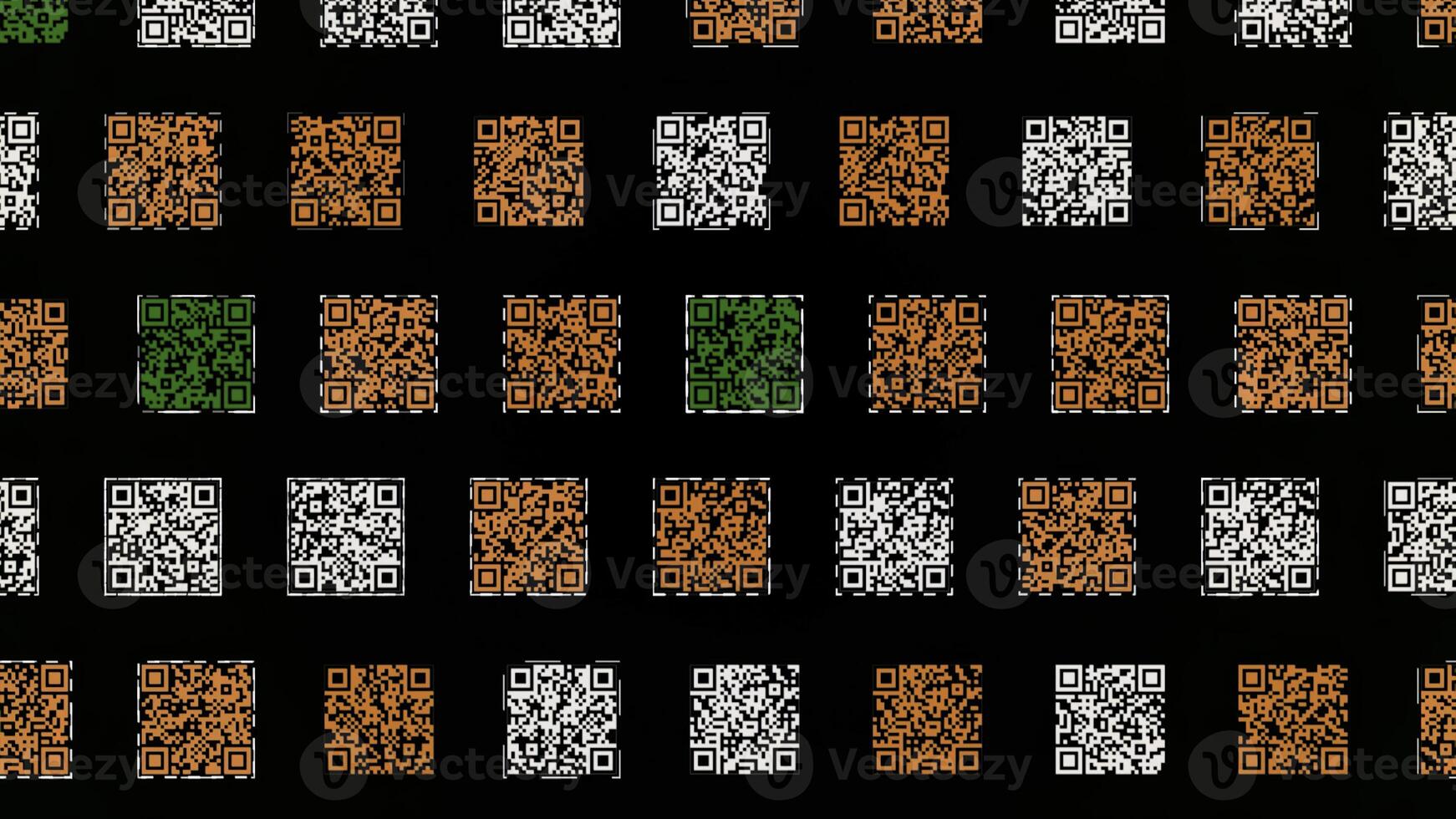 Colorful QR codes on black background. Animation. rows of codes move like a snake. Lot of QR codes move through rows. Matrix barcodes with information about various objects photo