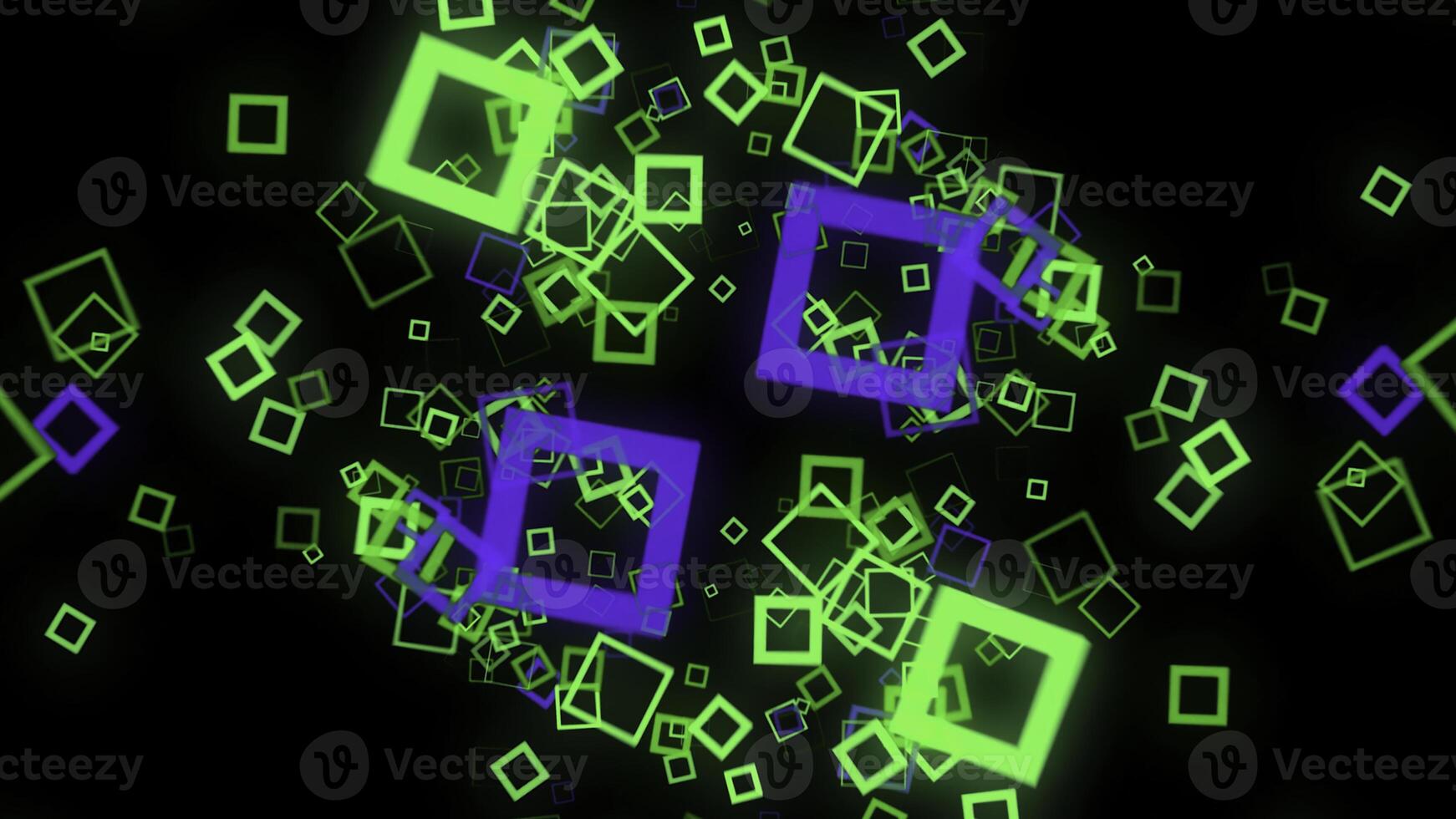 Futuristic background of cubic on black background. Animation. Neon square frames spread out with hypnotic matrix effect on black background photo