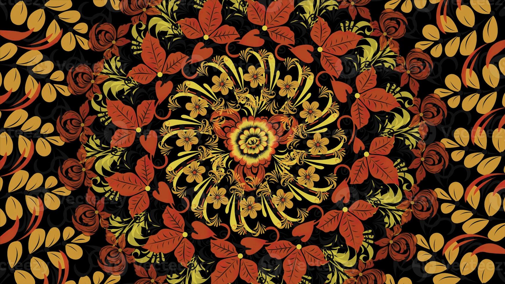 Crockery painting Khokhloma Russia of bright red flowers and berries on black background. Red Khokhloma on a black background photo