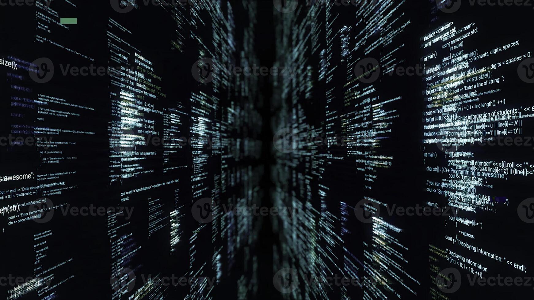 Source codes in cyberspace on black background. Animation. Inside software or matrix with 3D walls of source code. Dipping into matrix through passageway from source codes photo