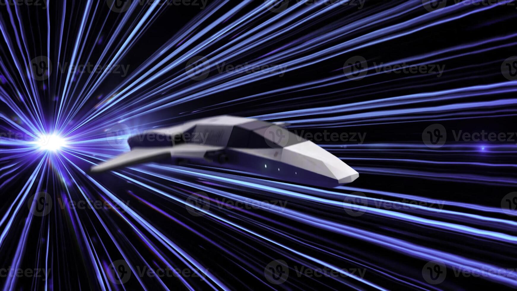 Abstract flying spaceship in cosmic space. Animation. Game graphics flying starship in hyperspace when jumping in space. Spacecraft flies at super speed on background of rays photo