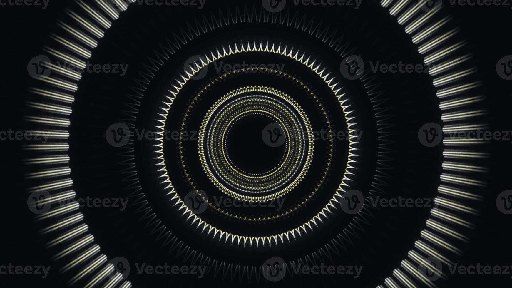 Abstract corridor with shining rings, view inside of an alien space ship in outer space. Animation. Blinking circles forming a funnel on black background, seamless loop. photo