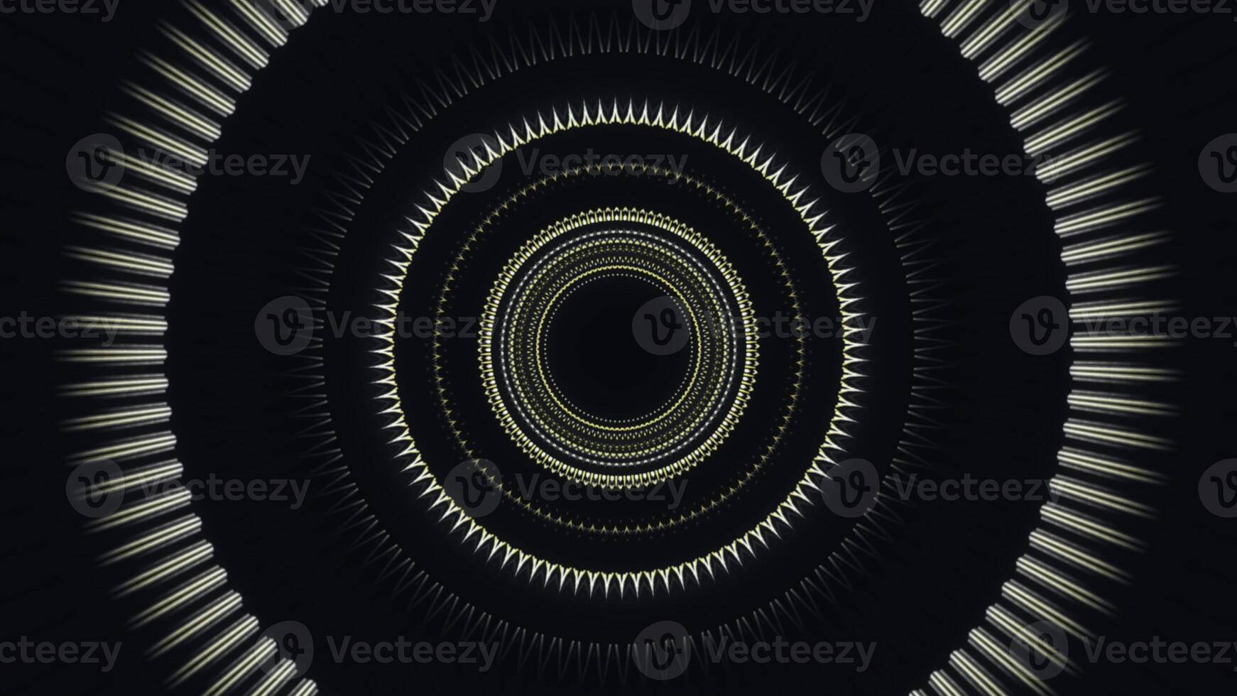 Abstract corridor with shining rings, view inside of an alien space ship in outer space. Animation. Blinking circles forming a funnel on black background, seamless loop. photo