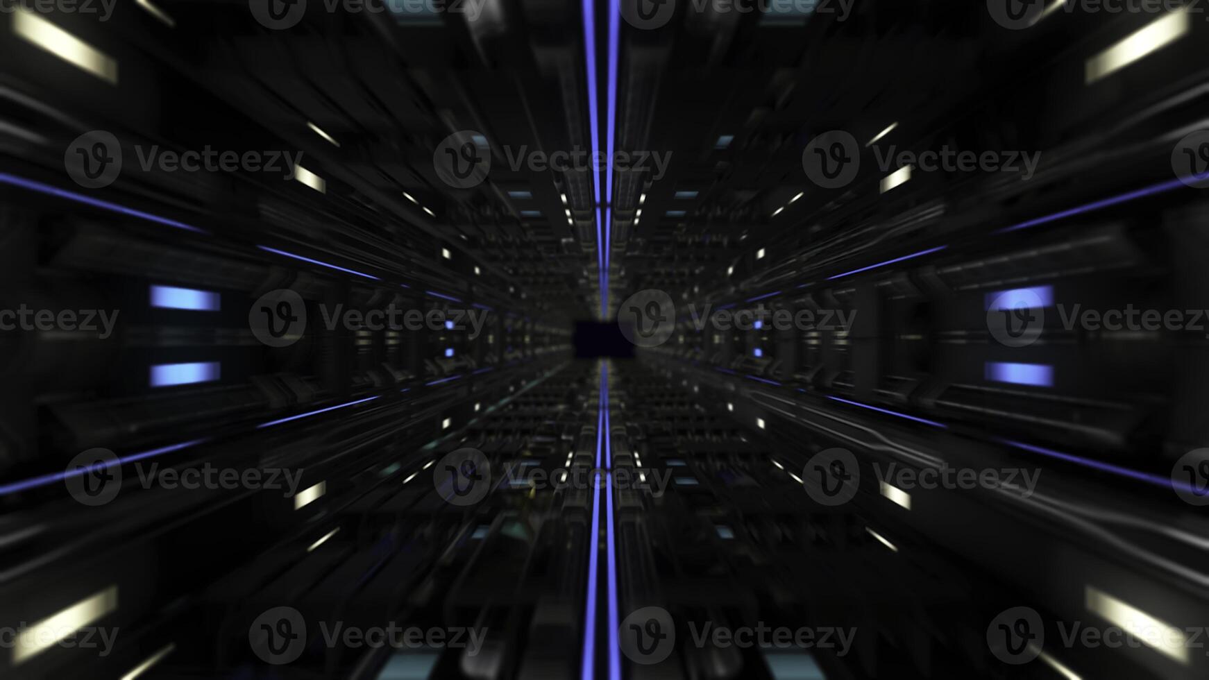 Moving through high-tech tunnel. Animation. Futuristic tunnel with black metal details and neon lines. Tunnel in style of future with neon lines photo