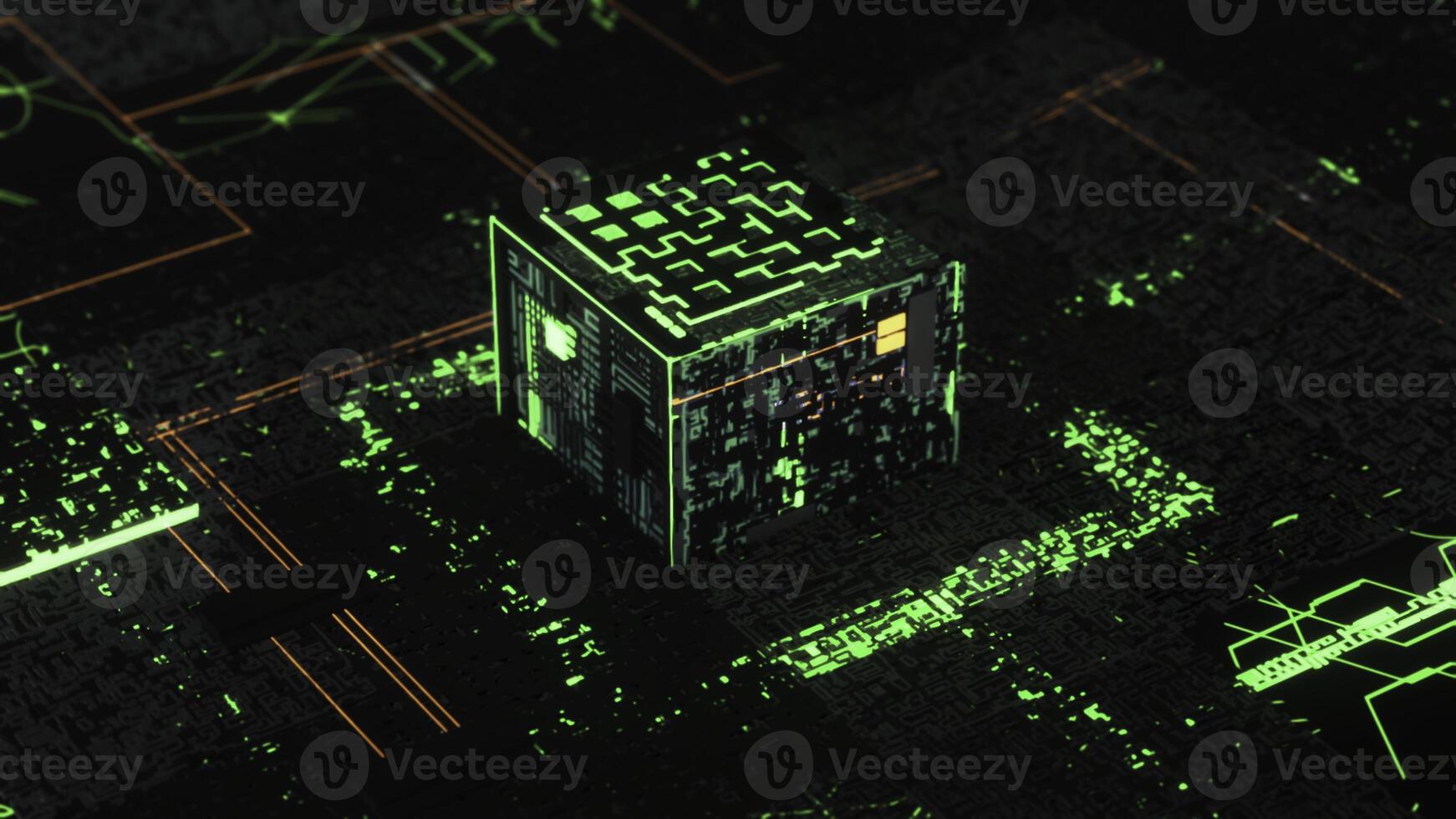 Processor or microchip and electronic signals on motherboard circuit, 3D motion graphics. Animation. Futuristic circuit board with moving electrons with the central processing unit. photo