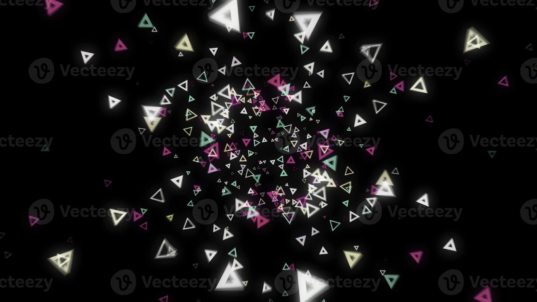 Beautiful cluster of numerous multicolored neon triangles floating in an abstract environment on a black. Animation. Animation of flying neon triangles. photo