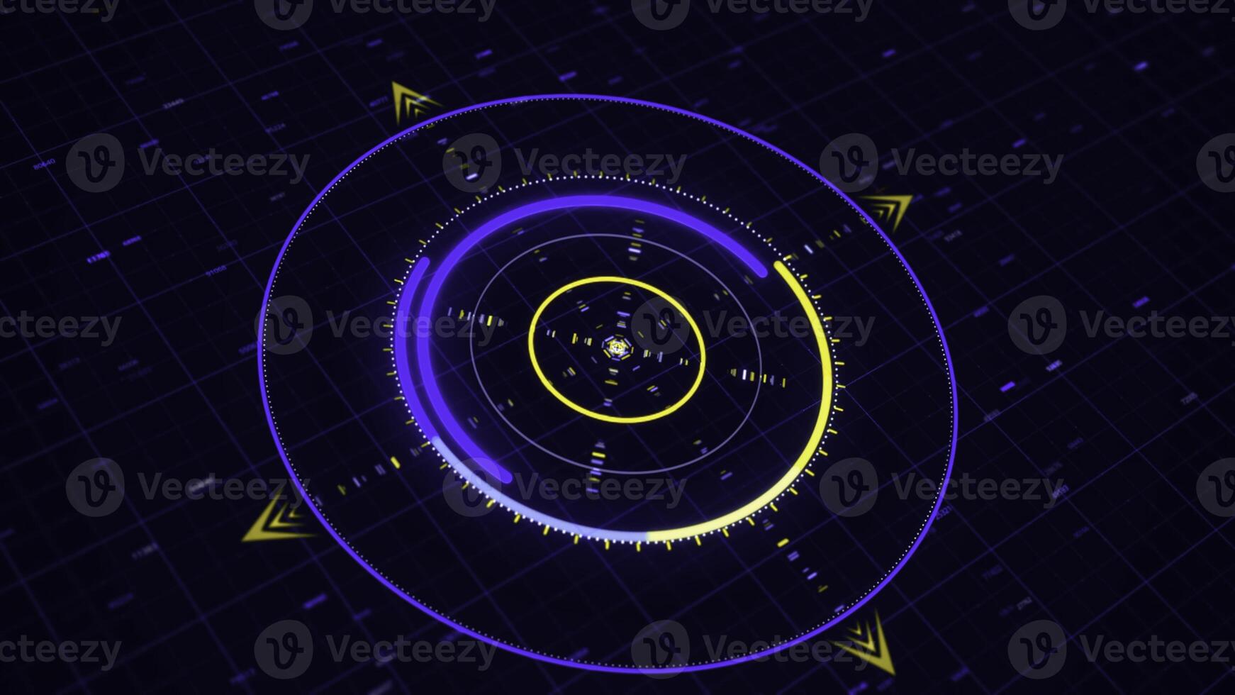 Bright neon 3d abstract animation of circular graph with digits resembling a modern compass rotating on the dark background. Animation. Future and innovation concept. photo