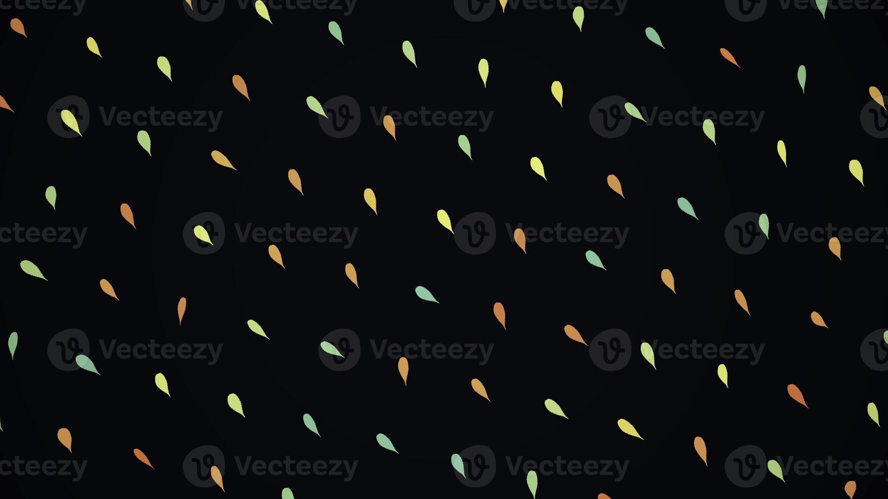 Background of rotating colorful leaves on black backdrop. Animation. Simple shapes of colored duplicated leaves rotate on black background photo