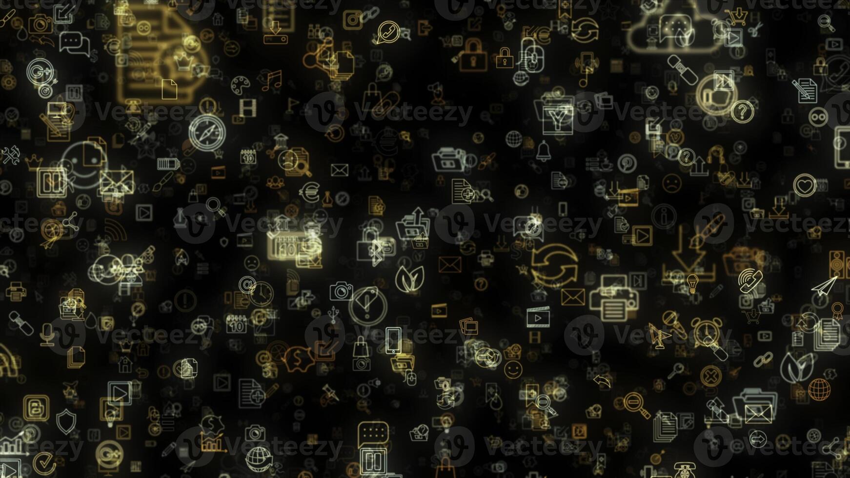 Abstract animation of multicolored neon social media network emojis icons appearing on the black background. Animation of seamless loop. photo